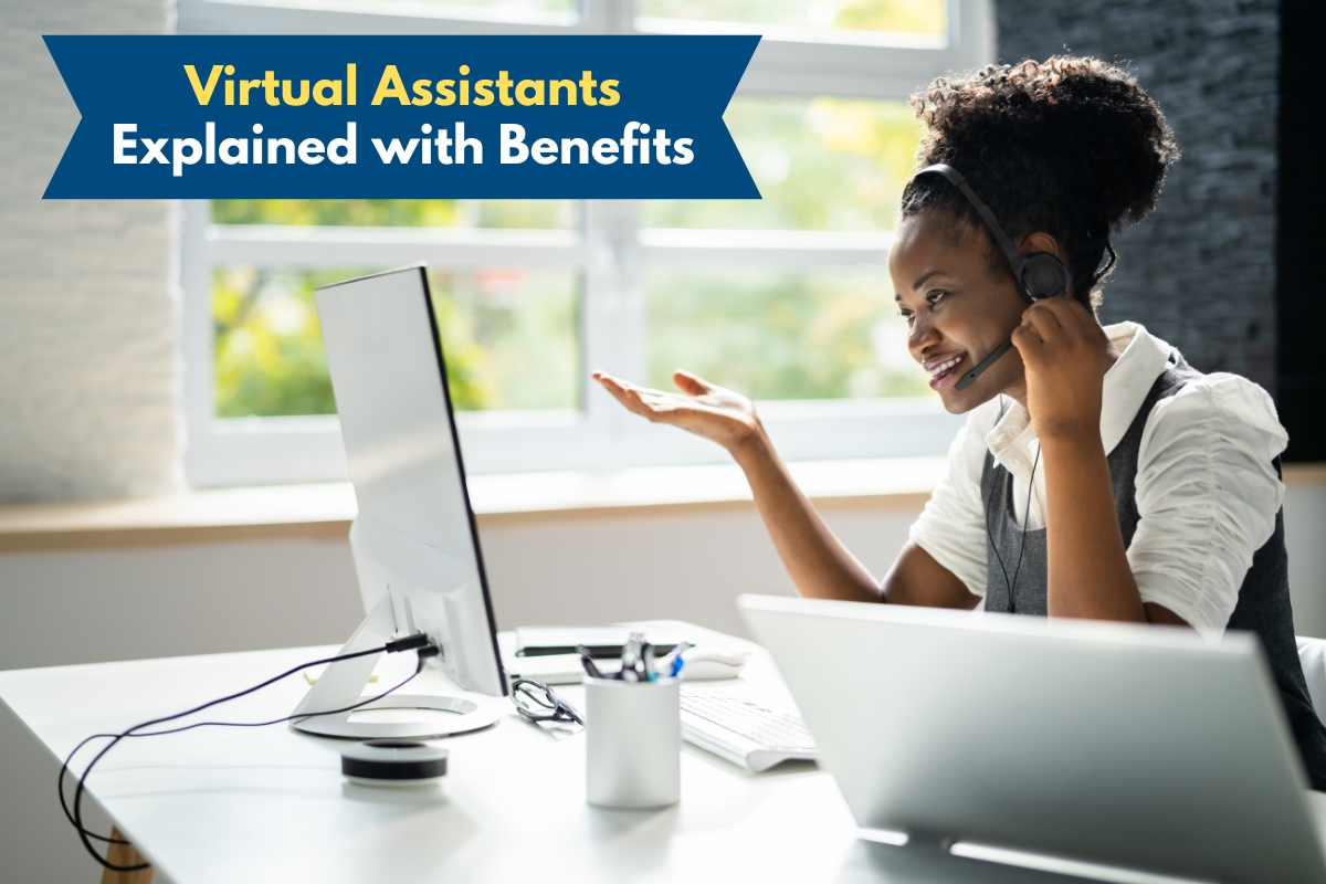 A person typing on a laptop with the text "VIRTUAL ASSISTANT"